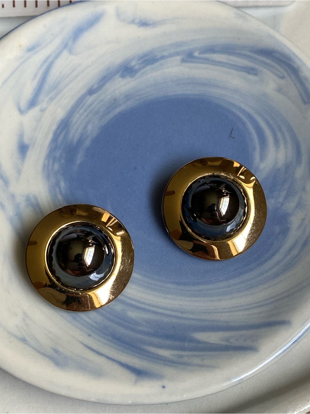 Vintage Gold-Tone Dome Clip Earrings with Black Center